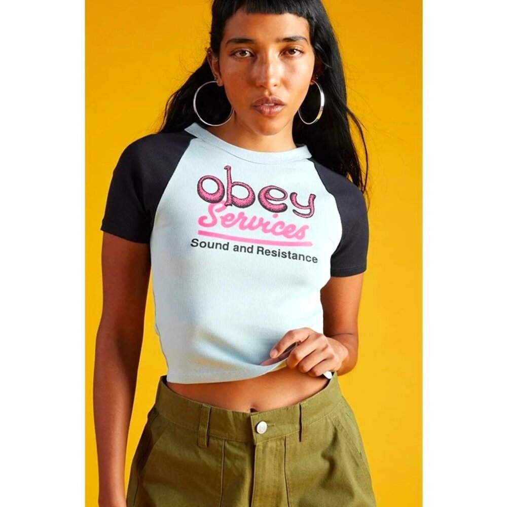 nwt OBEY Services Graphic Stevie Baby Tee in Surf Spray - Size L